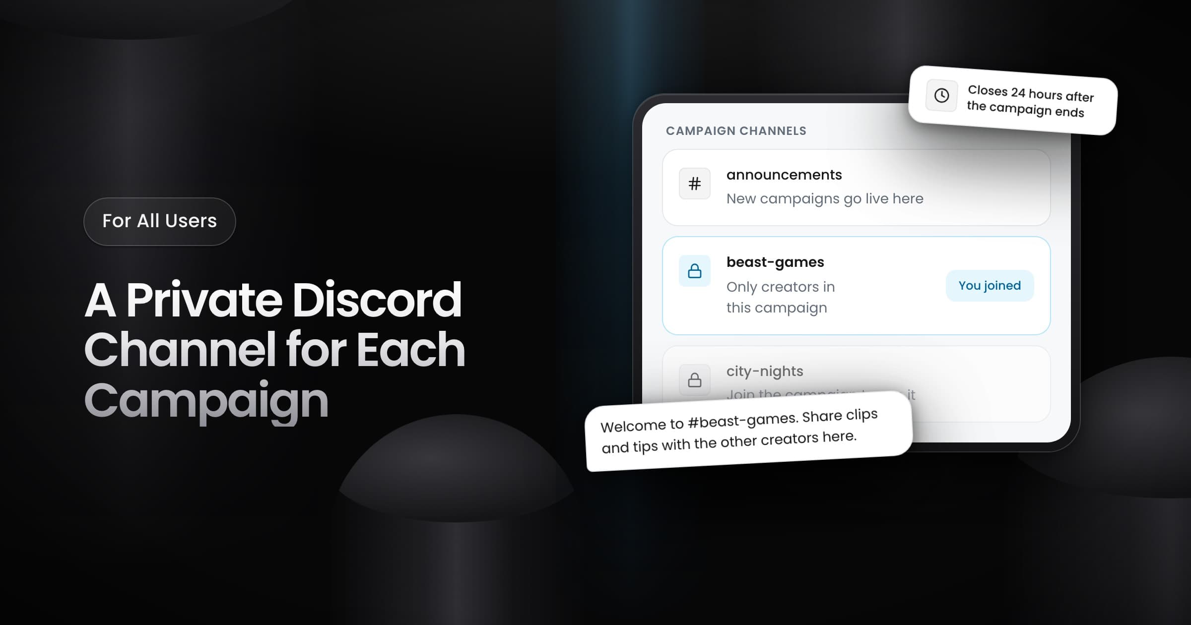A Discord channel list with a private channel for the campaign the creator joined.