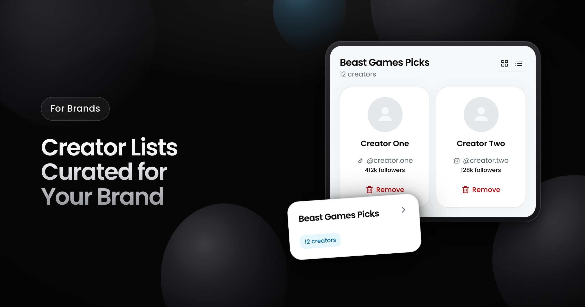 A shared creator list with two creator cards and Remove buttons, plus the list card that opens it.