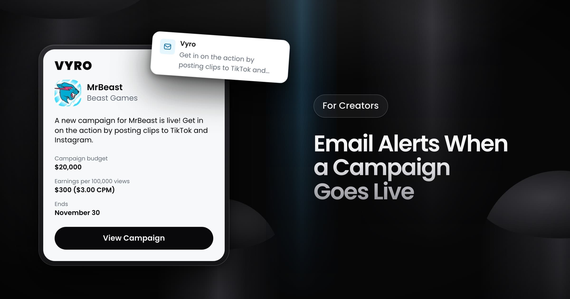 An email from Vyro about a new live campaign, with its budget, earnings per 100,000 views and end date.