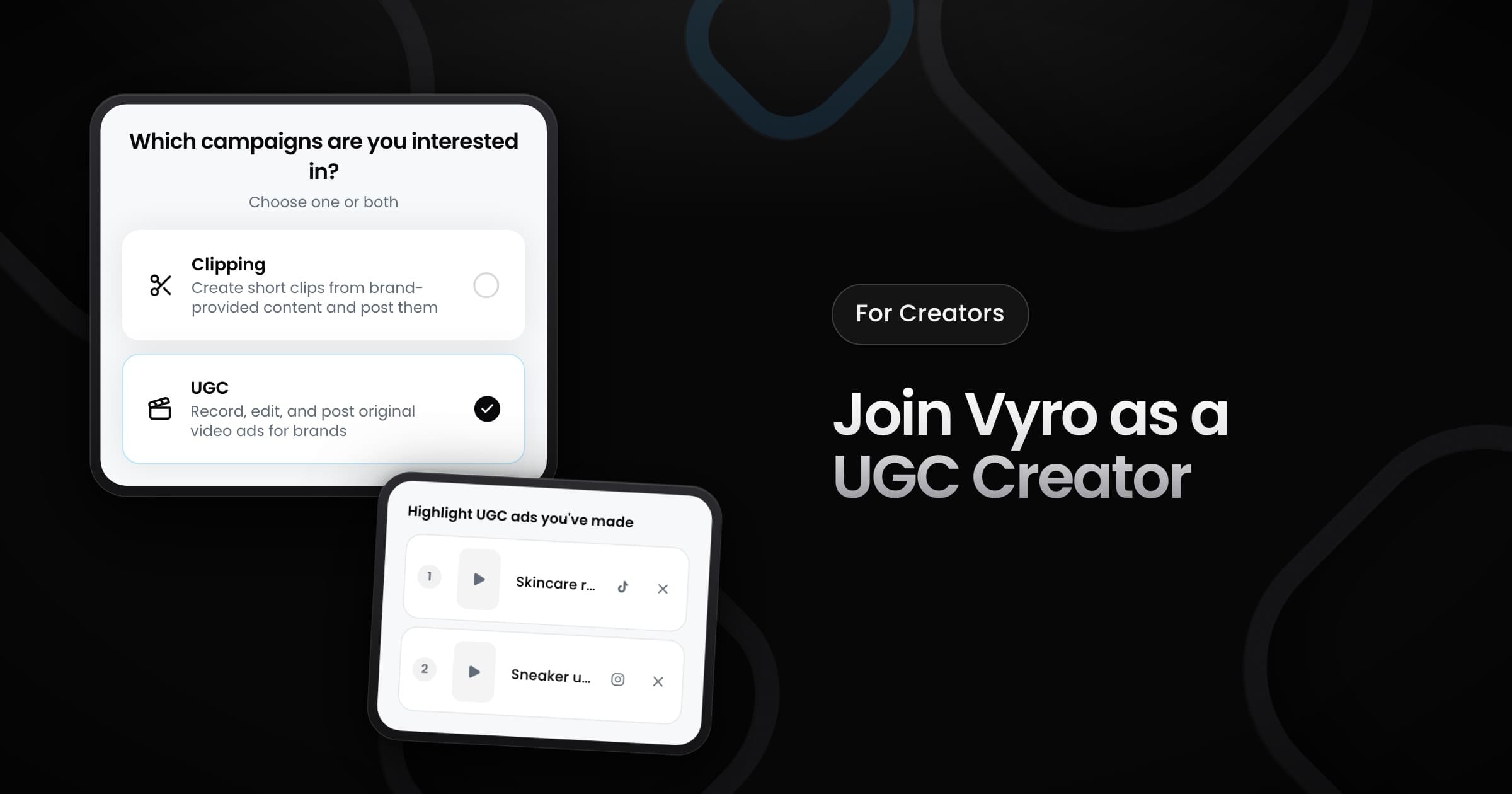 The sign-up step where a creator picks UGC campaigns and adds the ads they made.