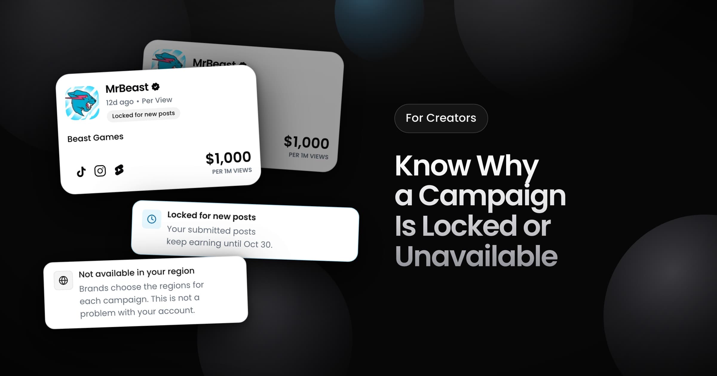 Campaign cards marked Locked for new posts, a note that submitted posts keep earning, and a notice for a campaign that is not open in your region.