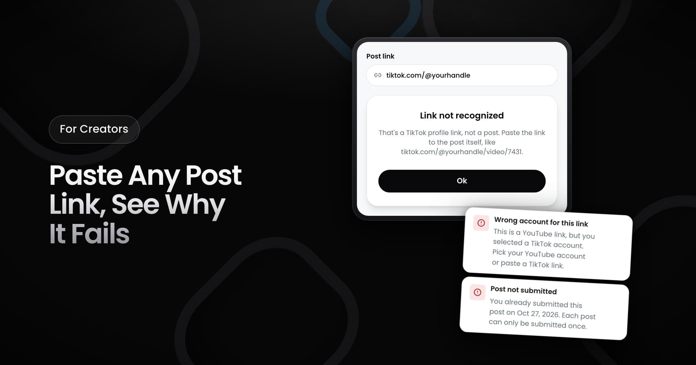 A submission error that says the pasted link is a TikTok profile link, with two more named errors below it.