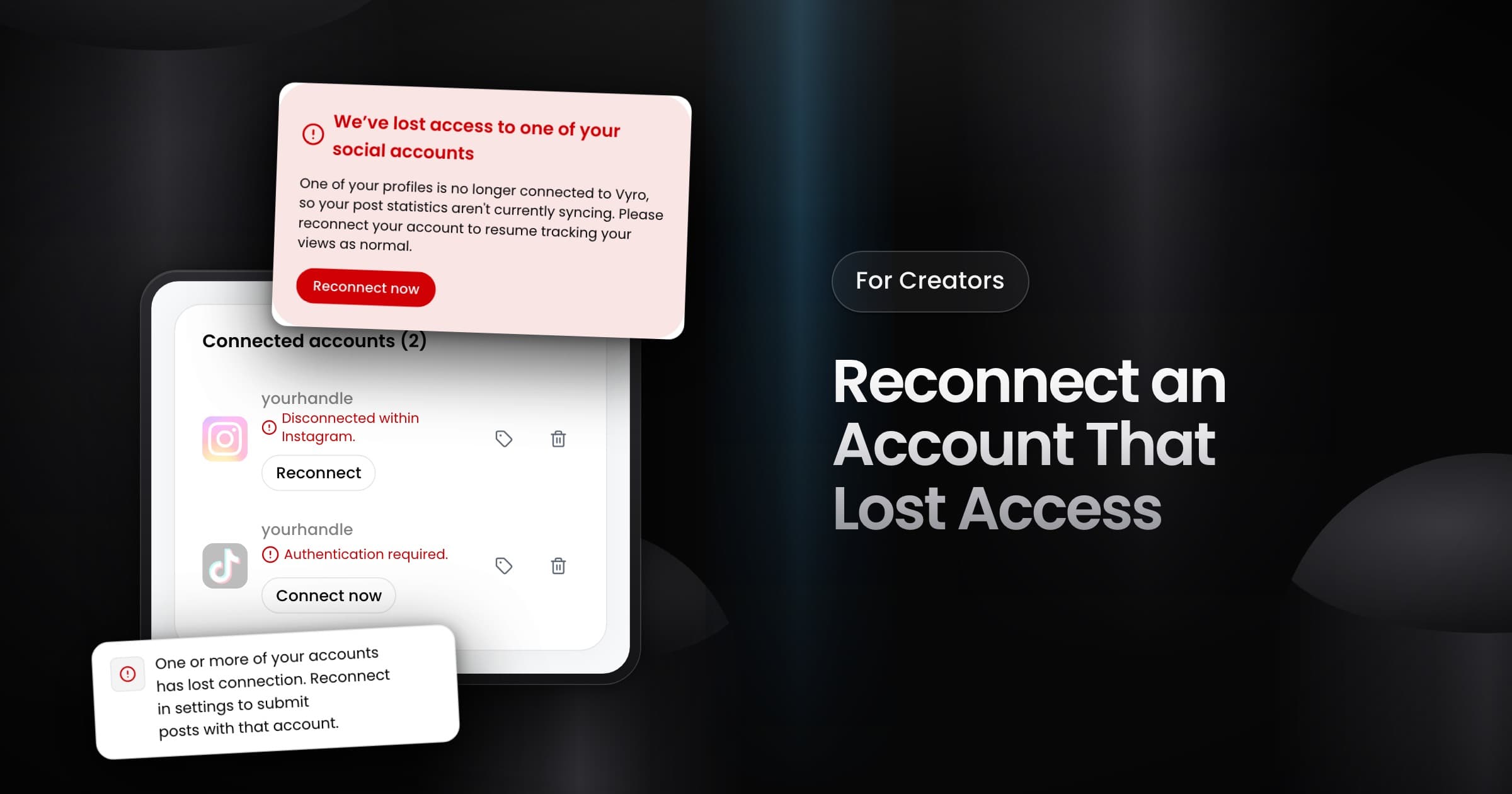 Connected accounts with an Instagram account disconnected within Instagram and a TikTok account that needs a new login, below a home banner that offers Reconnect now.
