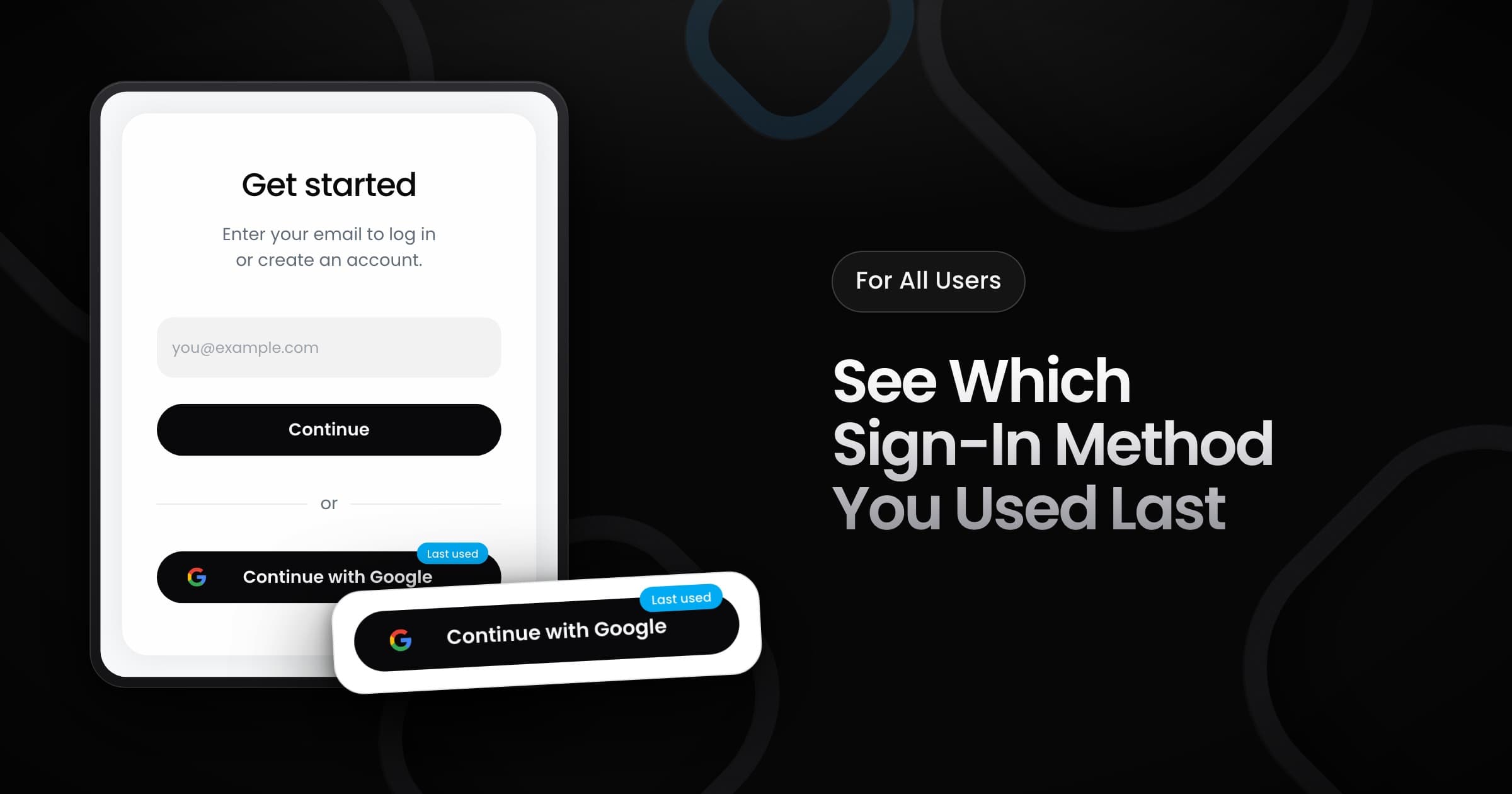 The Vyro sign-in screen with a Last used tag on the Continue with Google button.
