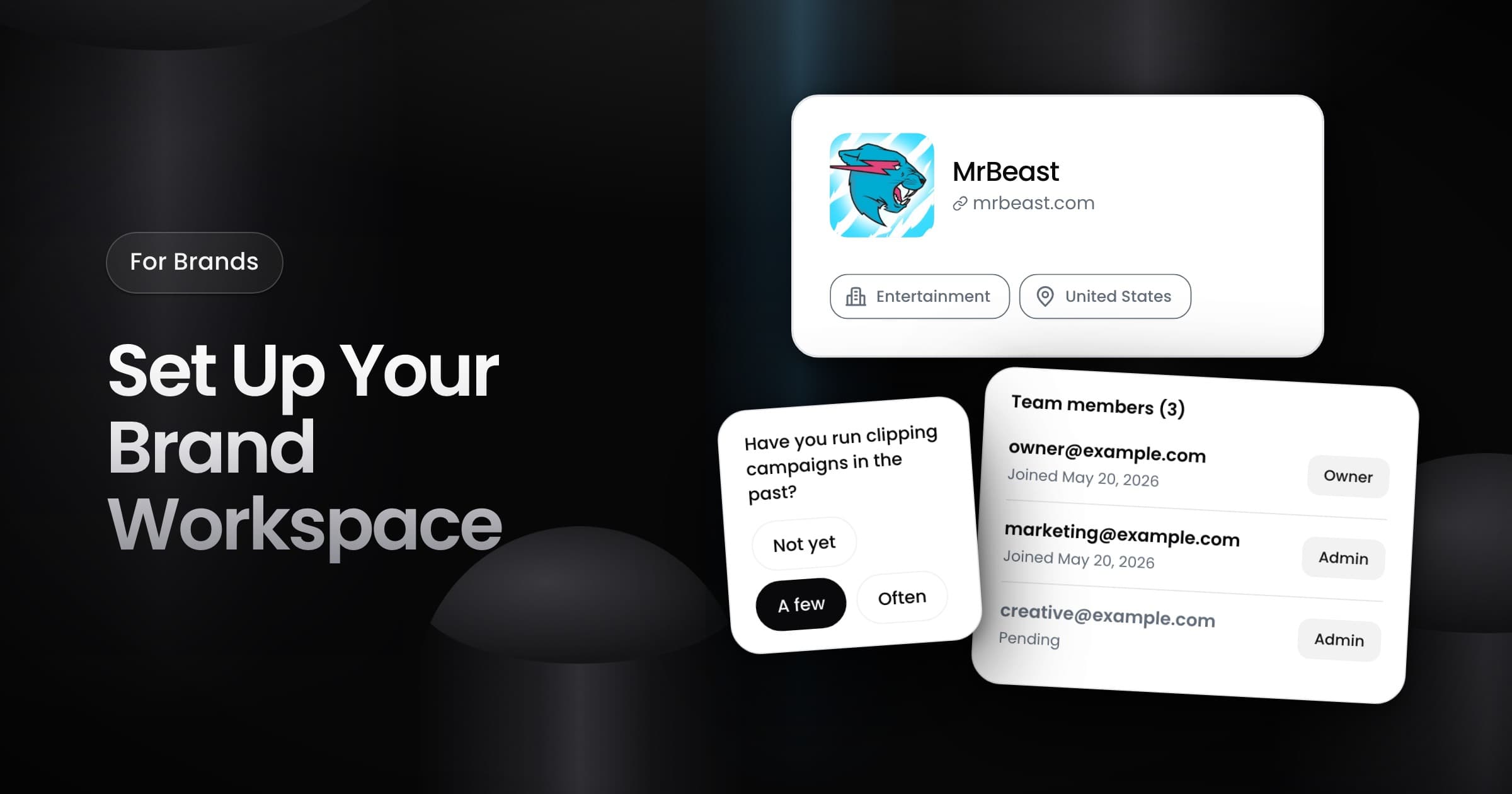 A MrBeast brand workspace card, a team list with an owner, an admin and a pending invite, and an onboarding question.