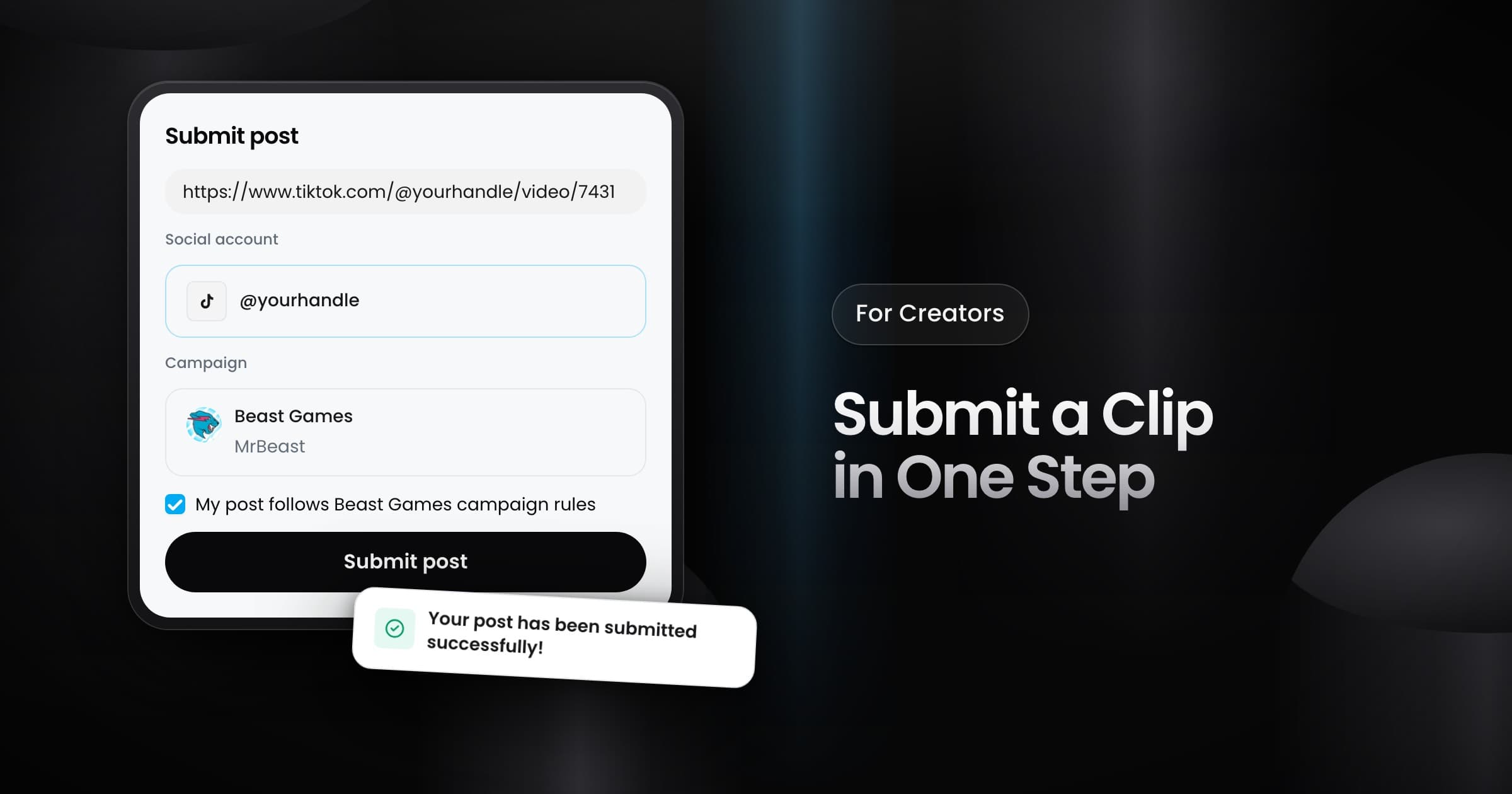 The Submit post form with a pasted TikTok link, the account picked and the Beast Games campaign selected.