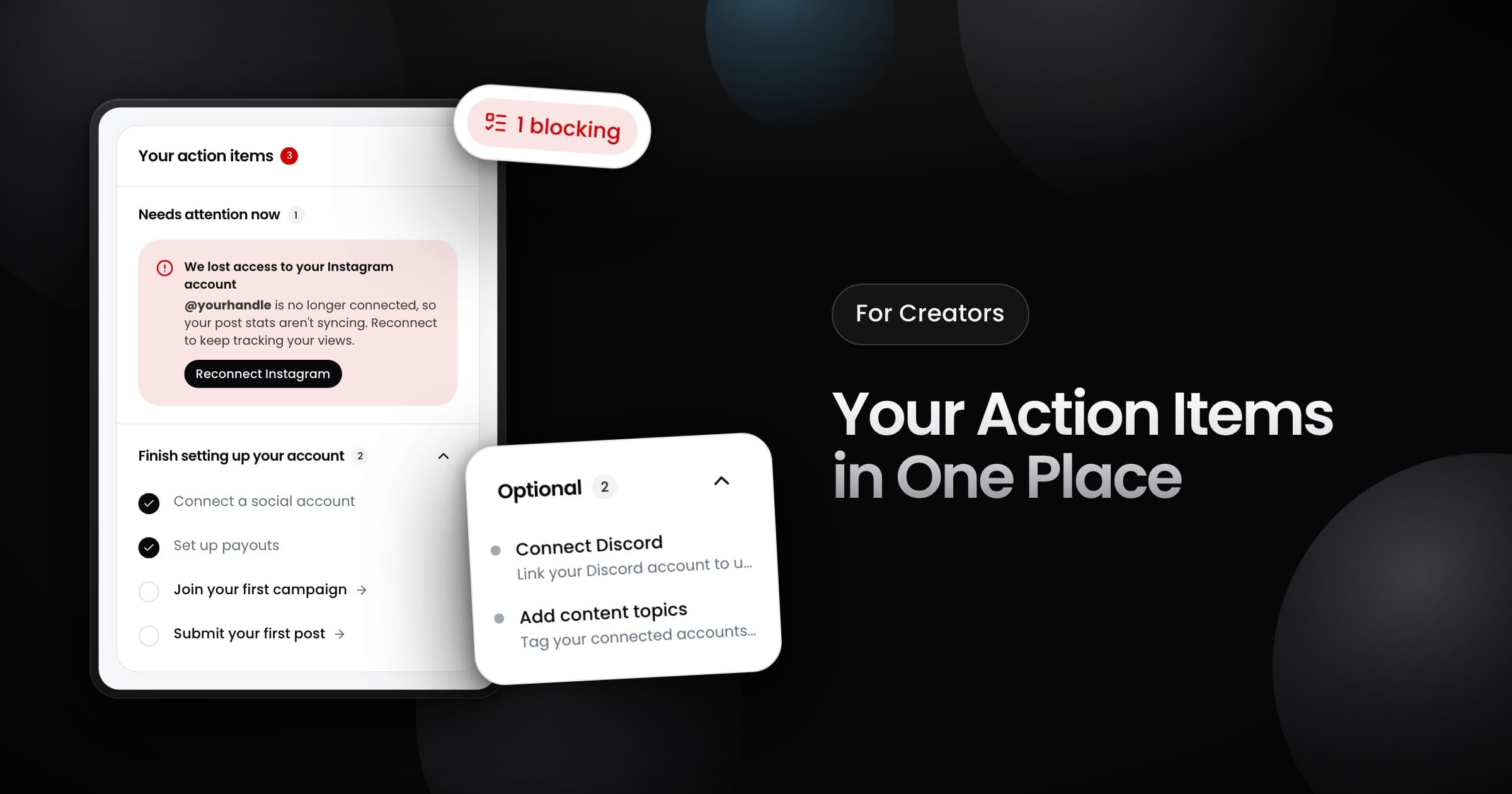 The Your action items card with an account to reconnect and setup steps, a 1 blocking pill, and optional tasks.