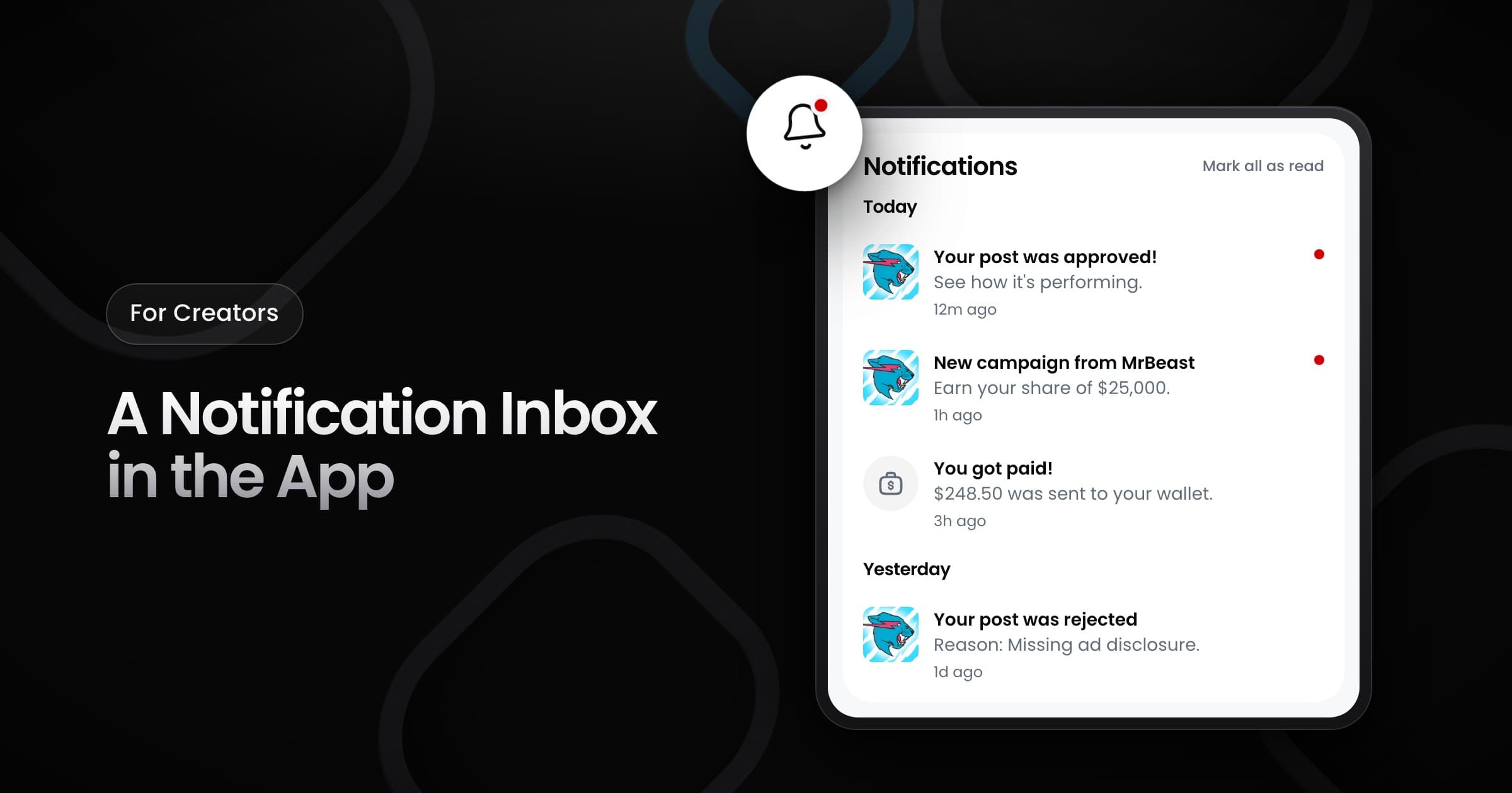 A notification inbox with updates for an approved post, a new campaign, a payout and a rejected post, next to a bell with an unread dot.