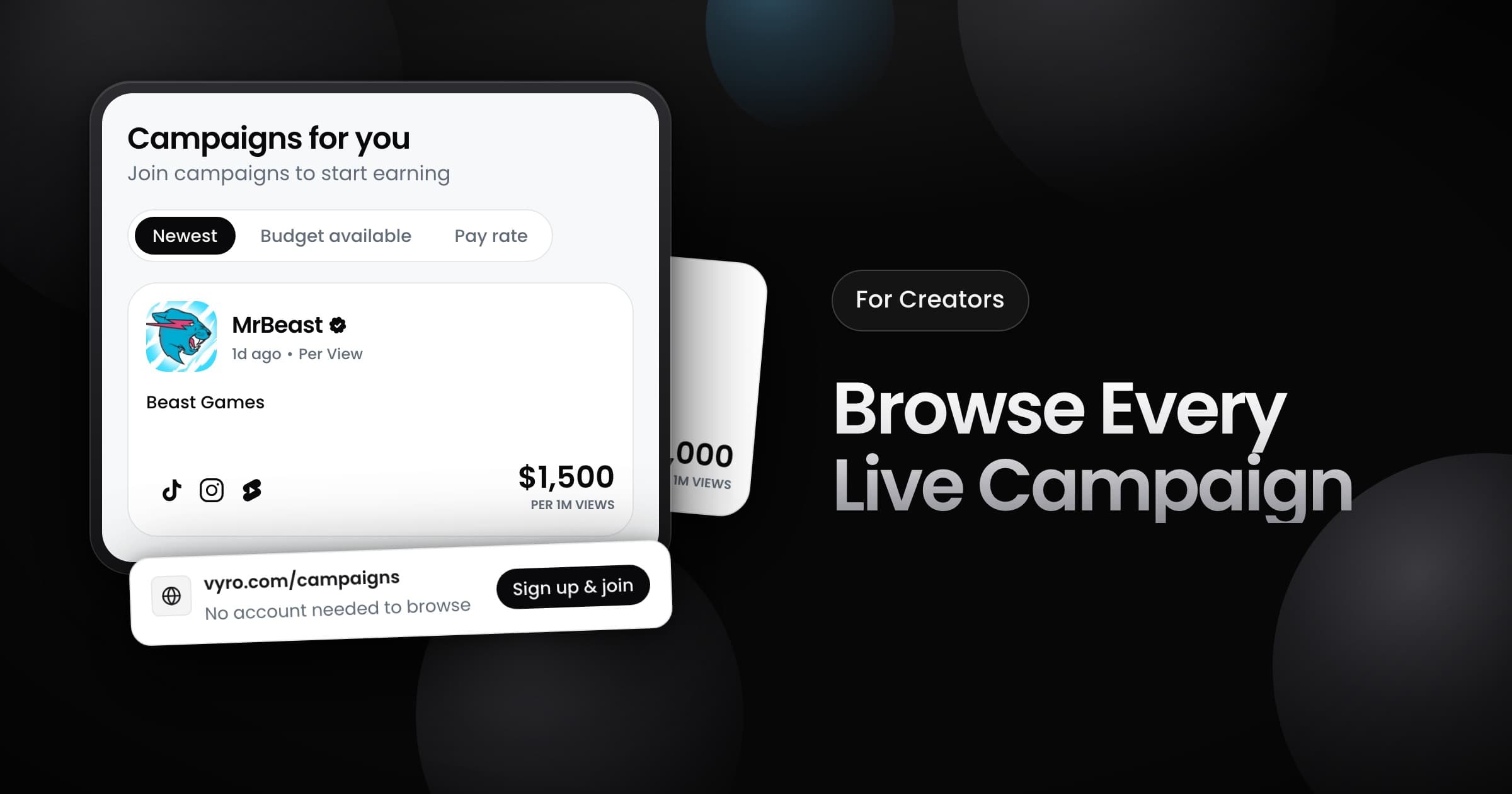 A Campaigns for you board sorted by newest, with campaign cards and a vyro.com link to browse without an account.