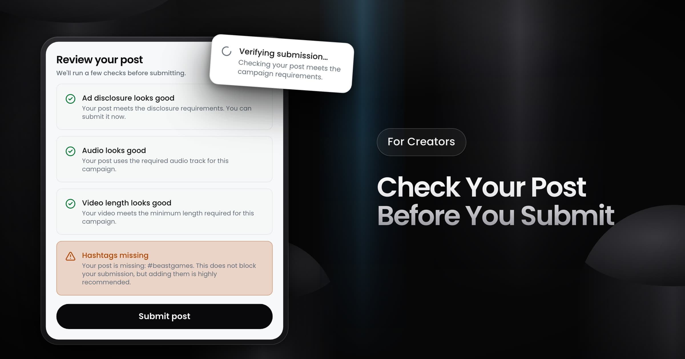 A Review your post screen that shows passed checks for ad disclosure, audio and video length, and a warning for missing hashtags.