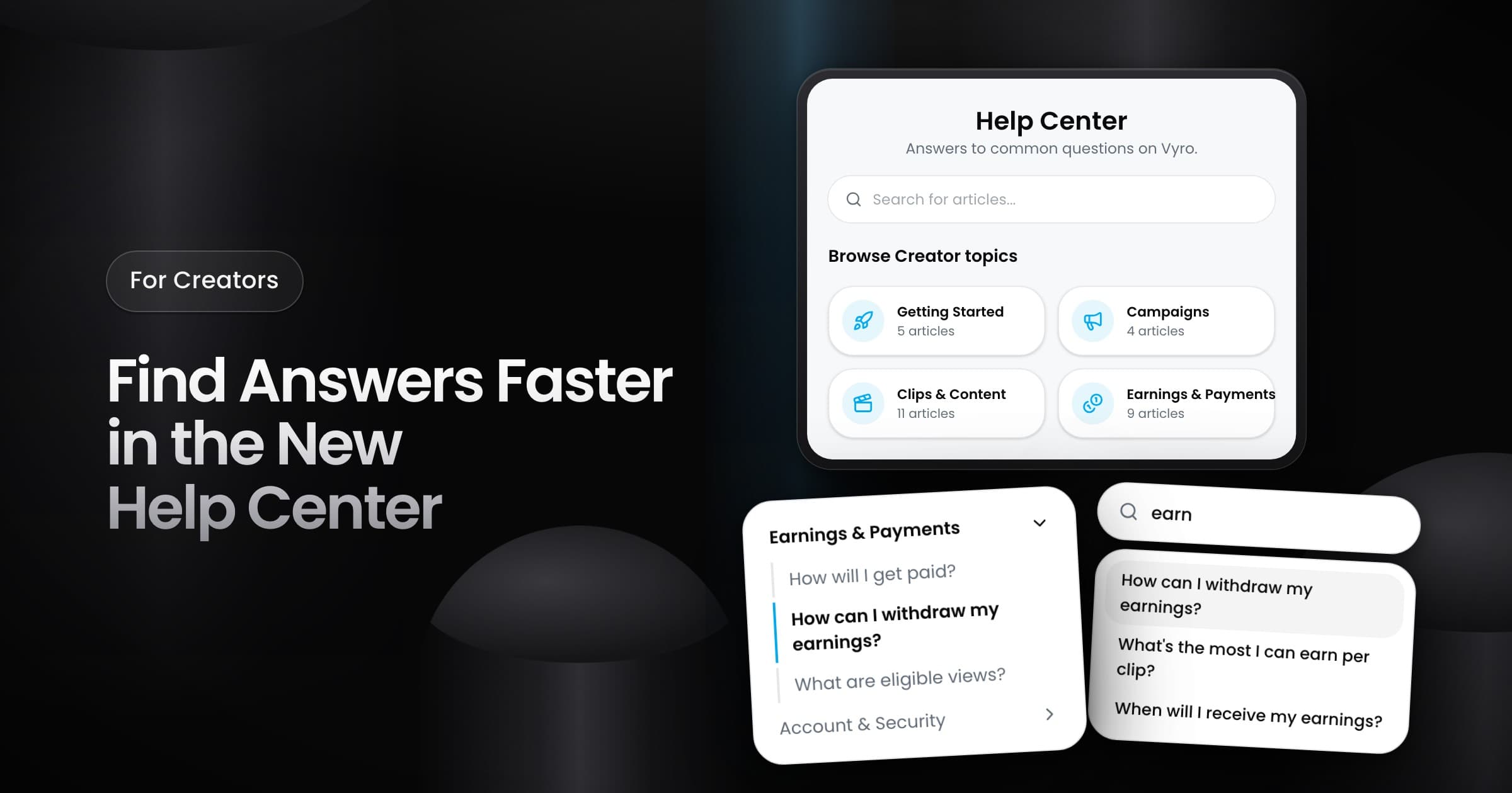 The Vyro help center with a search box that shows matching articles, five topic cards with their article counts, and the topic menu of an article.