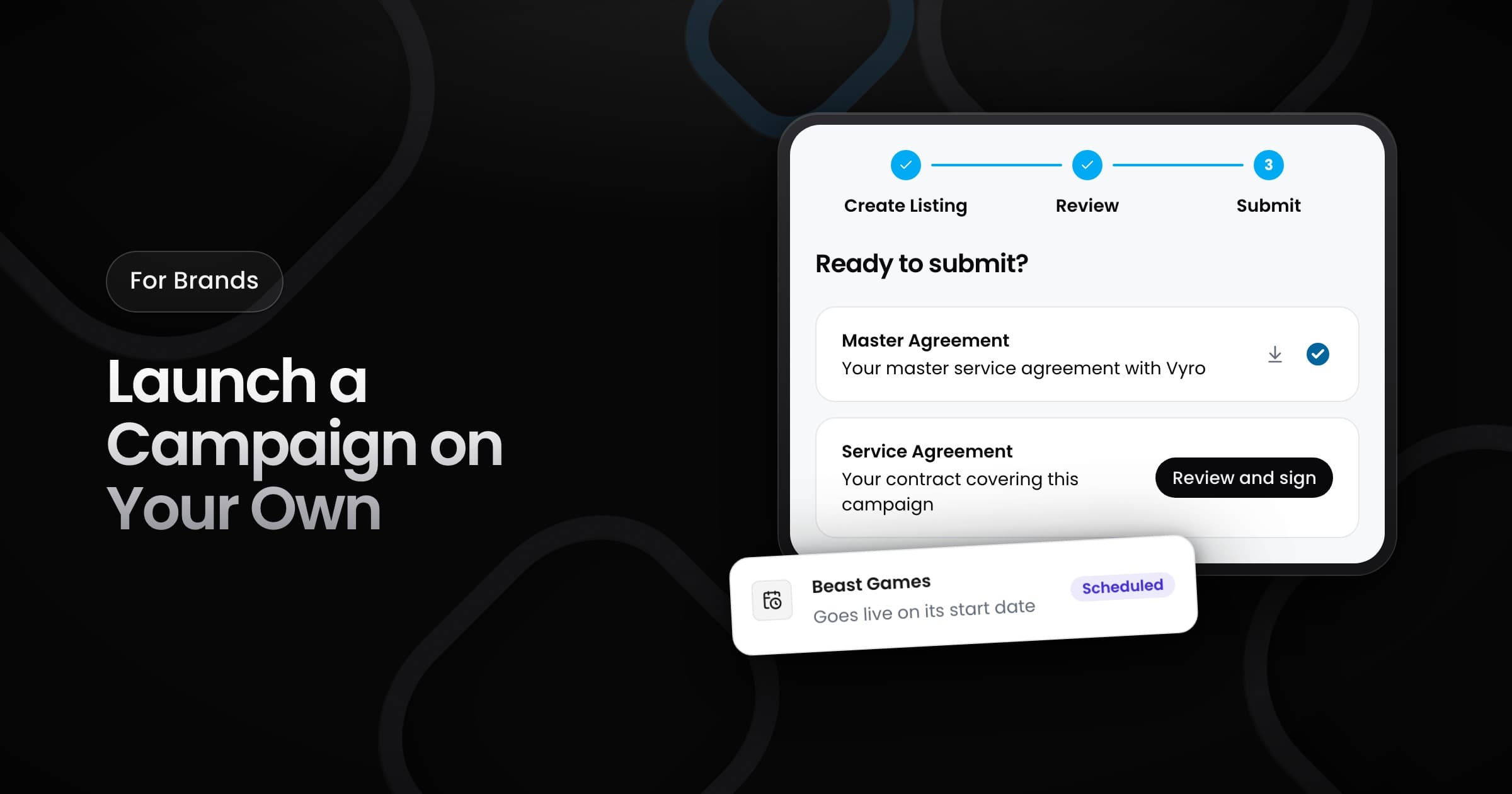 The Submit step of the campaign builder with a signed Master Agreement, a Service Agreement to sign, and a scheduled campaign.