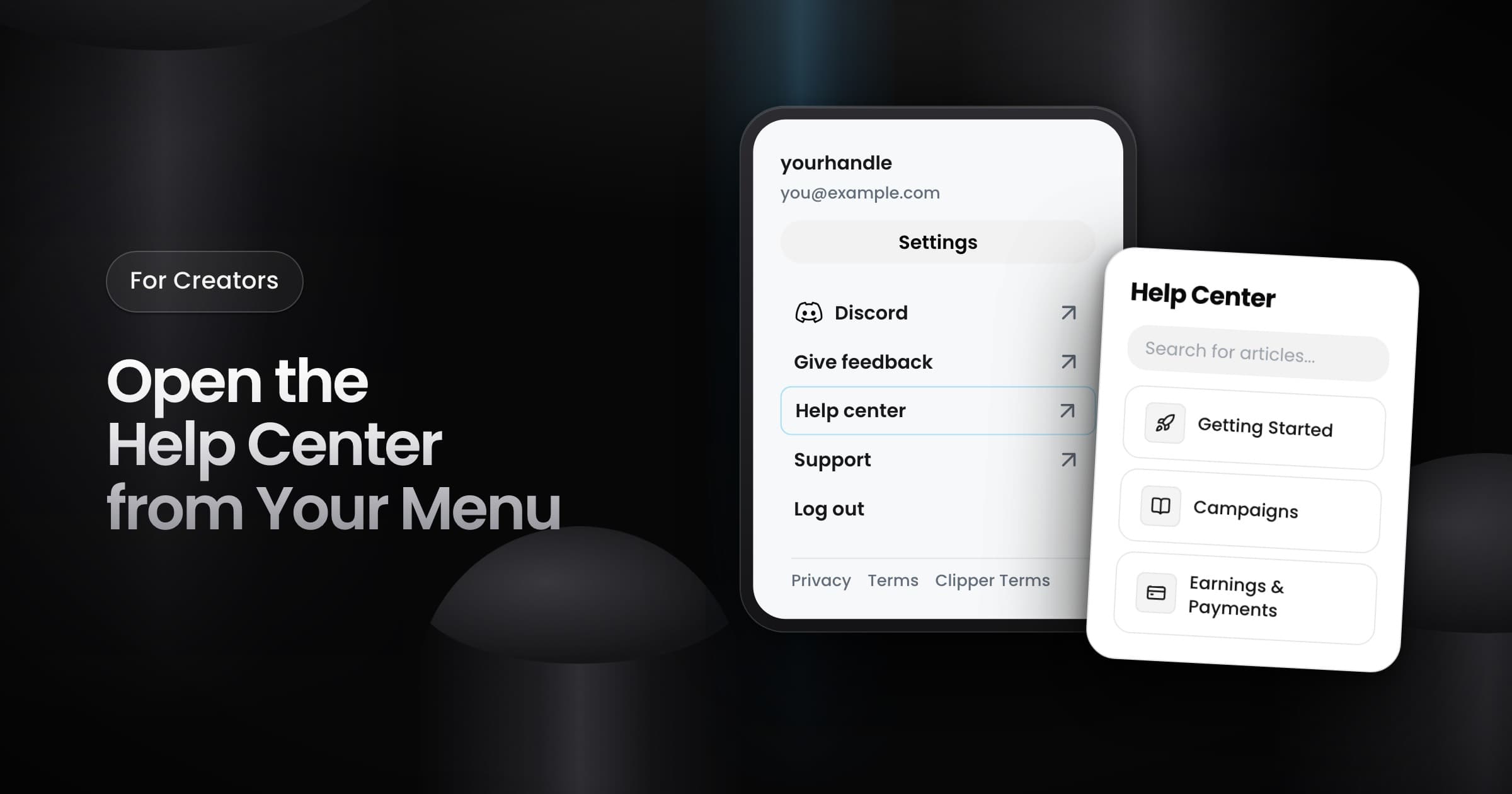 The account menu with Help center selected, next to the Help Center search and its topics.