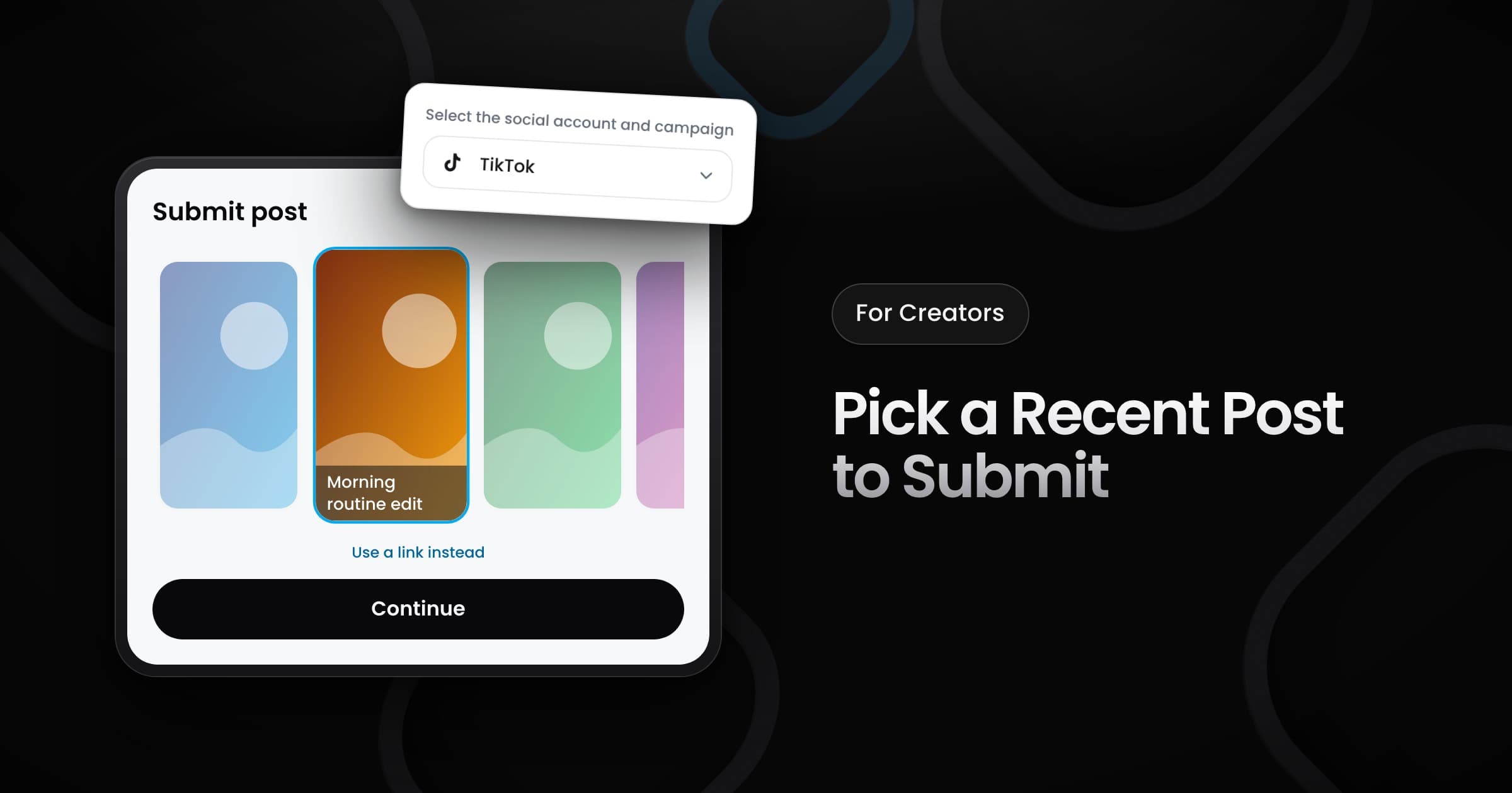 The Submit post screen with a row of recent posts, one of them selected, and a social account picker.