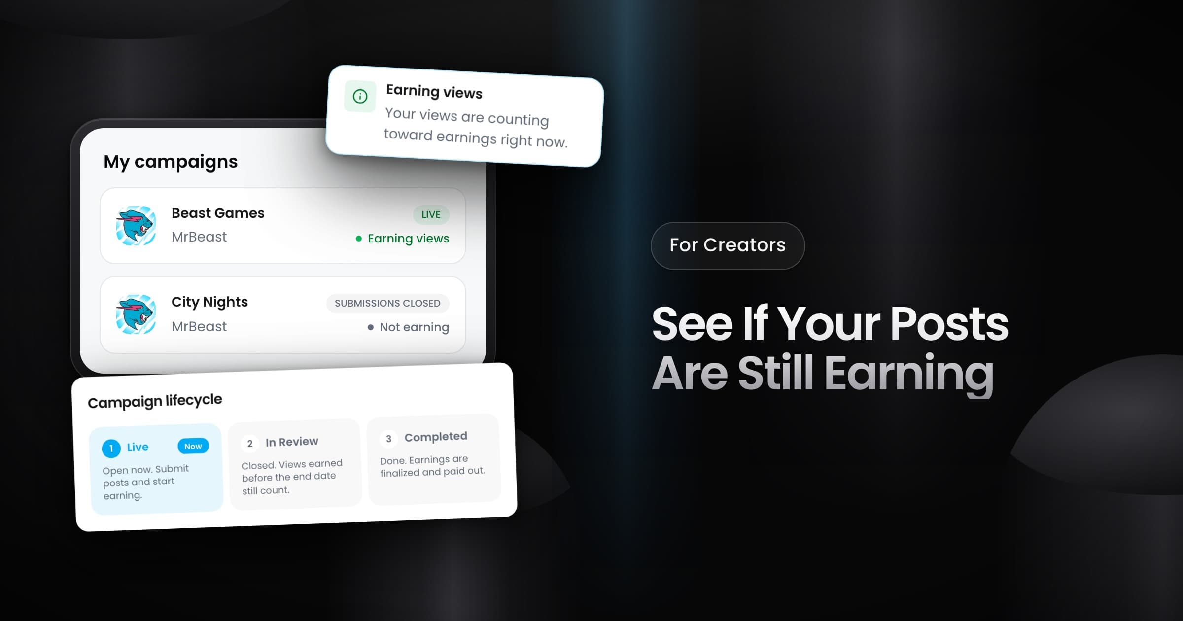 A My campaigns list with Earning views and Not earning on each campaign, and the Campaign lifecycle stepper with Live as the current stage.